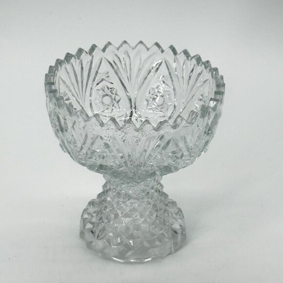 Vintage Footed Clear Cut Glass Bowl With Sawtooth Rim 5" Tall Heavy Decorative P - Picture 5 of 10